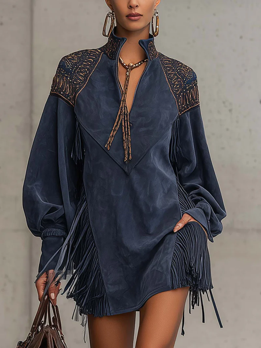 Vestido mini de antelina sintética índigo con bordado y borlas