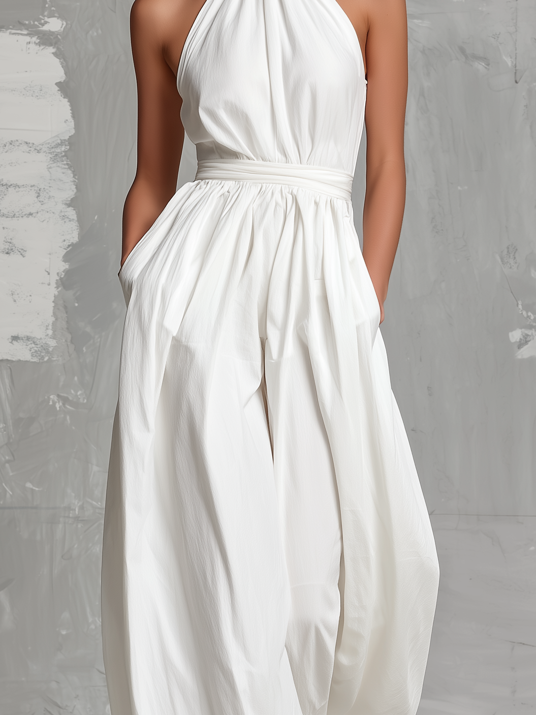Elegante mono blanco tejido sin mangas con cuello halter