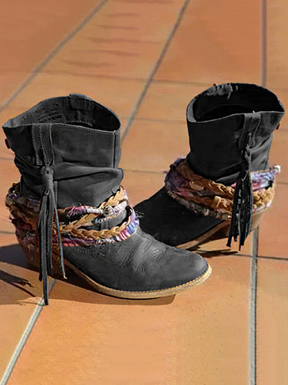 Botas vintage occidentales tribales con borlas y tobilleras