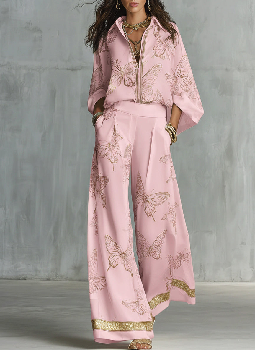 Conjunto suelto de dos piezas casual elegante con estampado de mariposas doradas