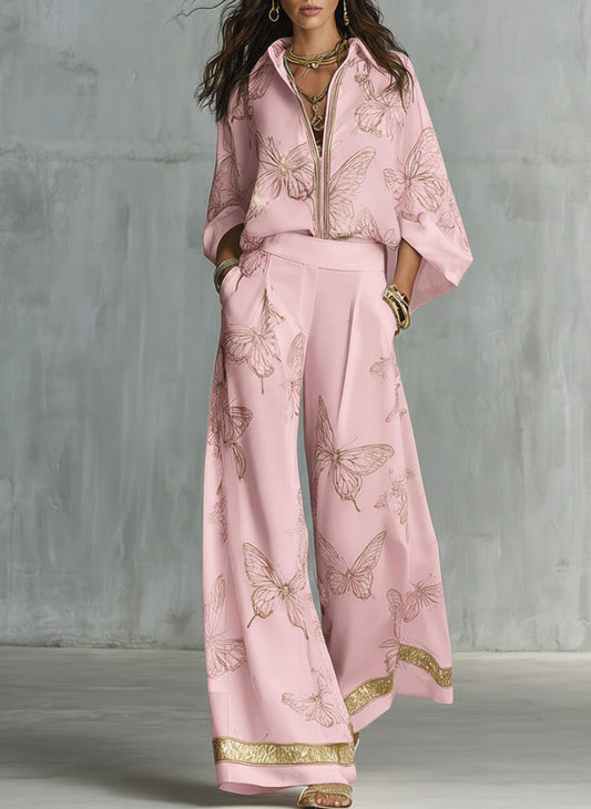 Conjunto suelto de dos piezas casual elegante con estampado de mariposas doradas