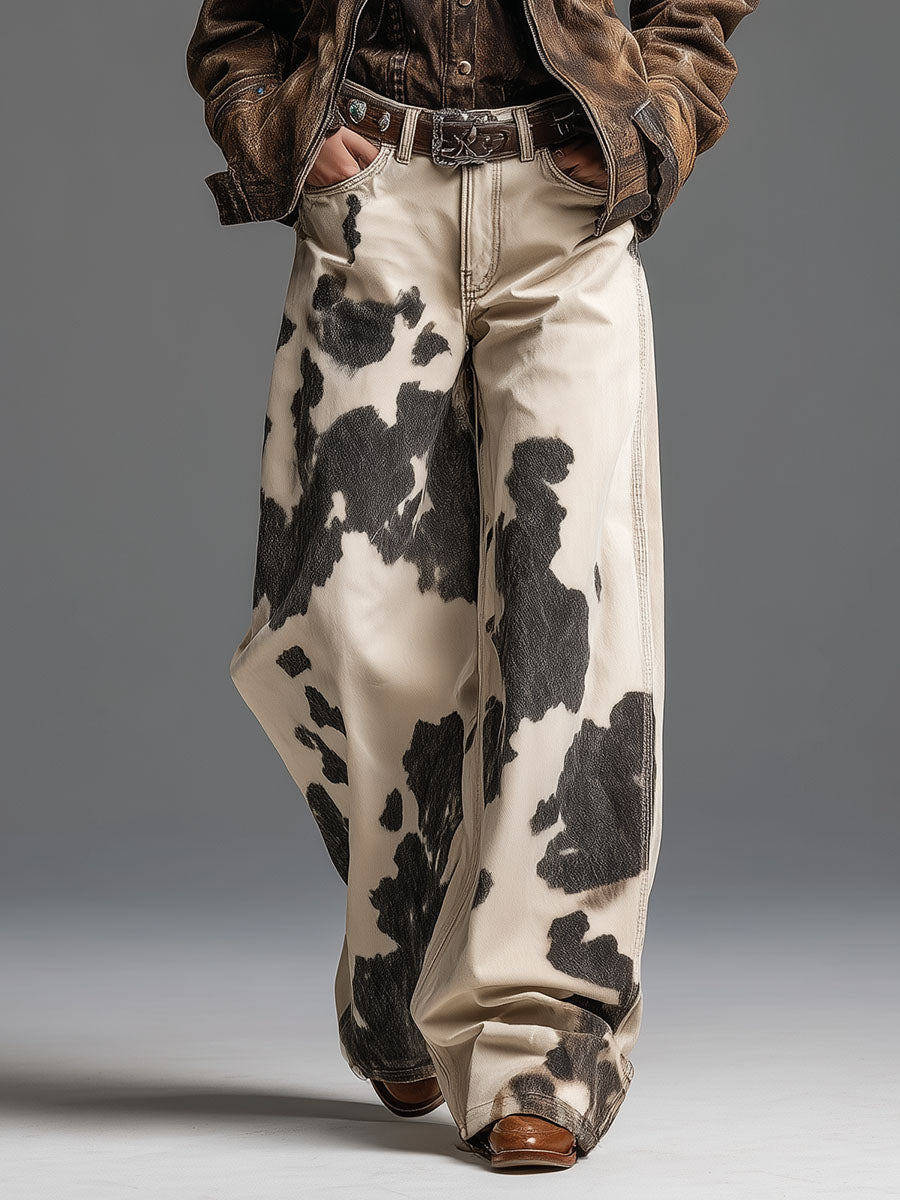 Pantalones con patrón de vaca de estilo occidental retro y a la moda