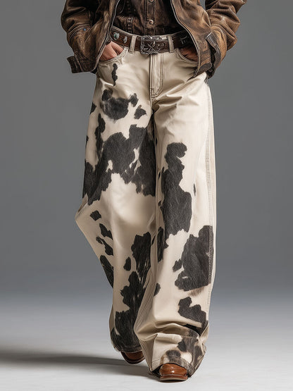 Pantalones con patrón de vaca de estilo occidental retro y a la moda