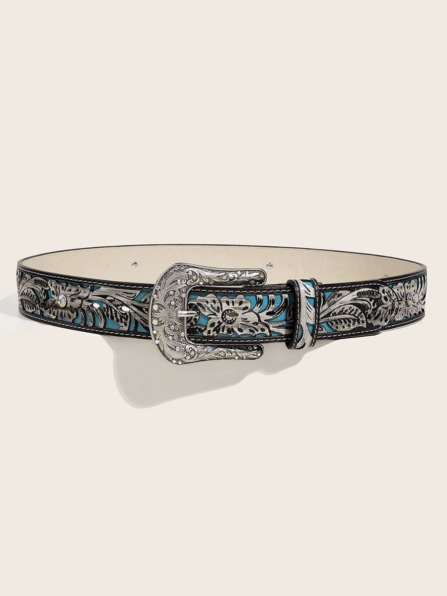 Cinturón personalizado para mujer de cuero PU con relieve y pedrería