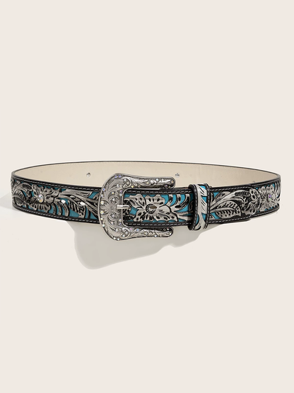 Cinturón personalizado para mujer de cuero PU con relieve y pedrería