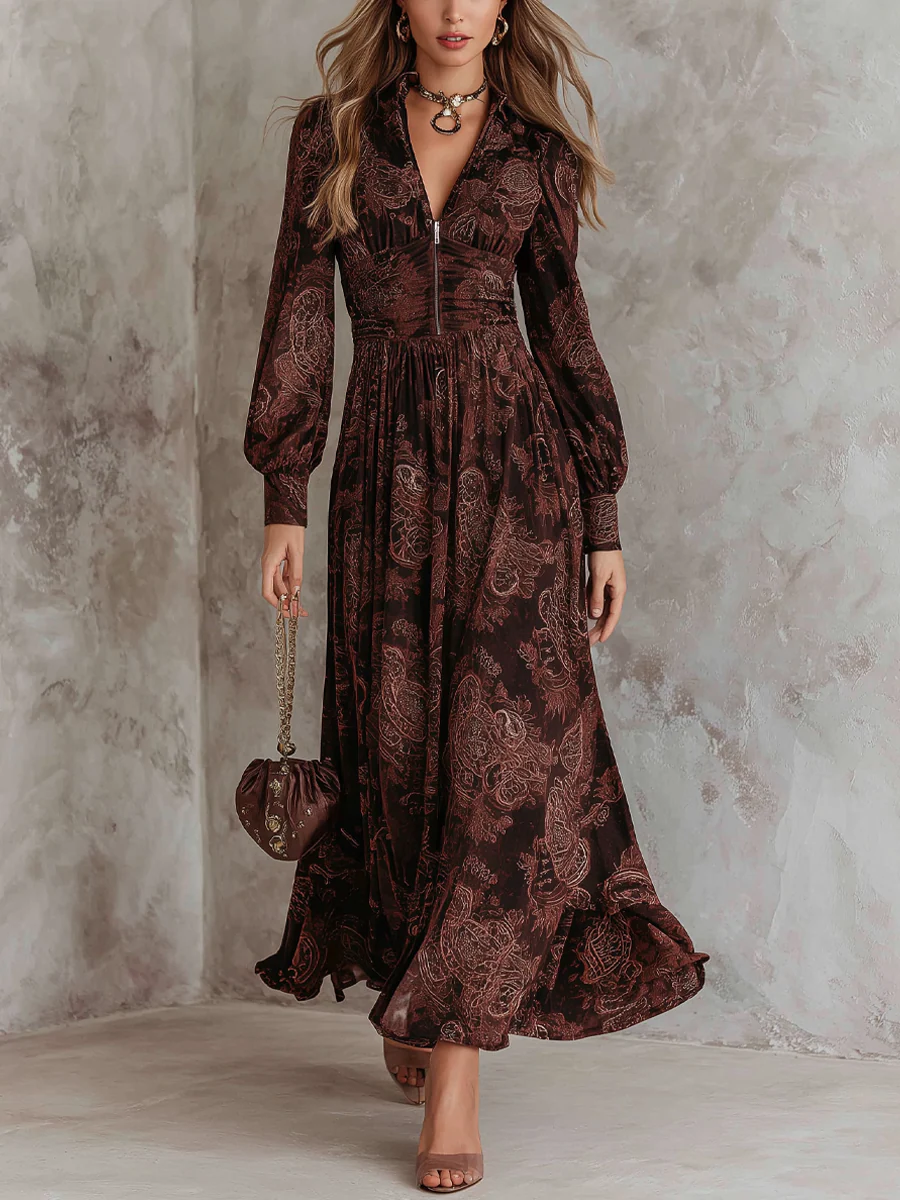 Vestido largo con cremallera en la cintura y estampado marrón de cachemira
