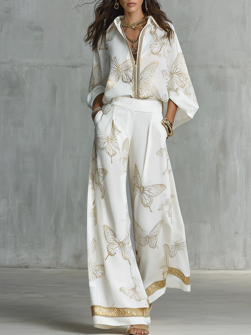 Conjunto suelto de dos piezas casual elegante con estampado de mariposas doradas