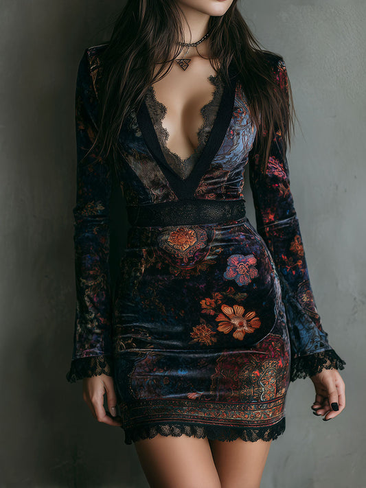 Vestido mini bodycon de terciopelo con escote en V y estampado floral bohemio con ribete de encaje