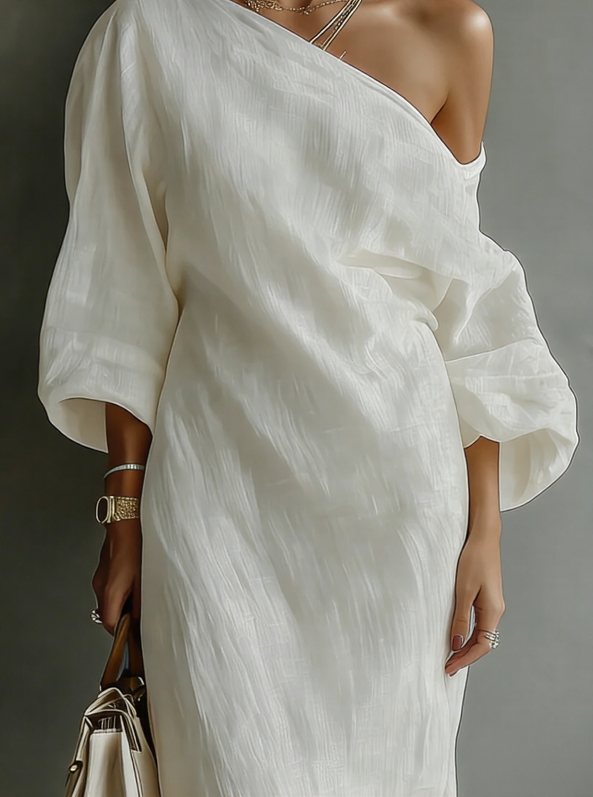 Vestido maxi blanco marfil de un solo hombro con abertura lateral de algodón y lino