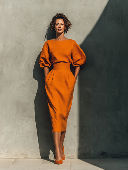 Conjunto de blusa naranja de manga media y falda midi