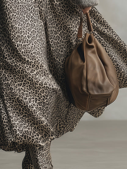 Falda línea A elegante y versátil con estampado de leopardo gris