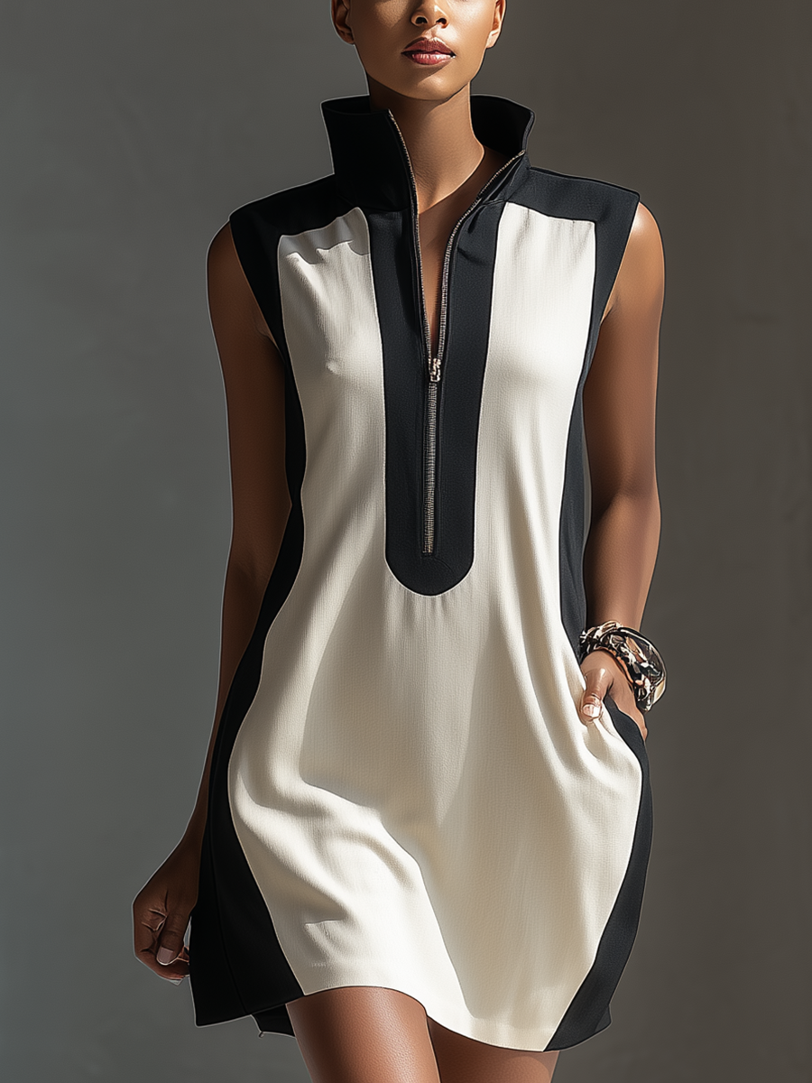 Vestido corto bicolor negro y blanco con cuello alto y media cremallera