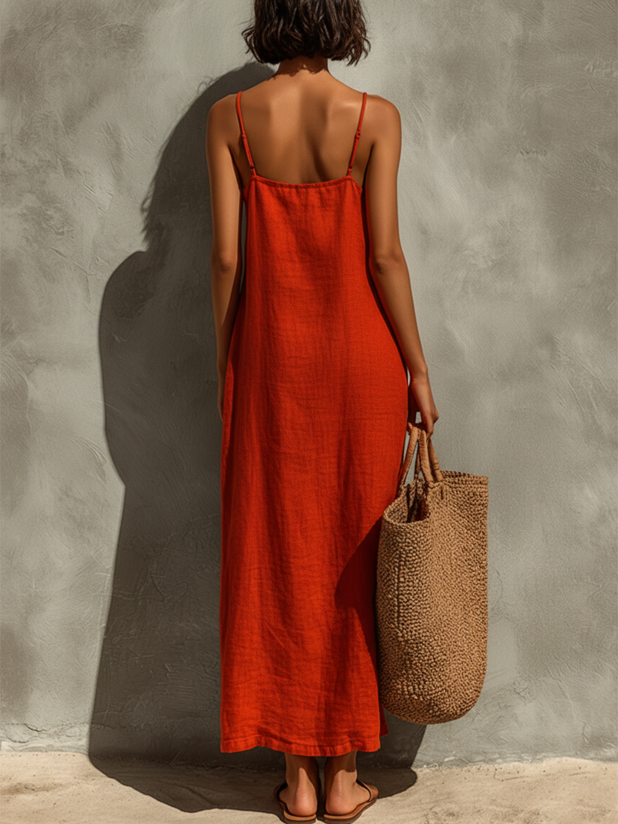 Vestido rojo de algodón con escote cuadrado y tirantes finos