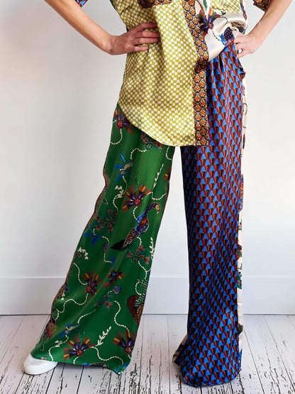 Conjunto de pantalones de pierna ancha sueltos con estampado folk especial