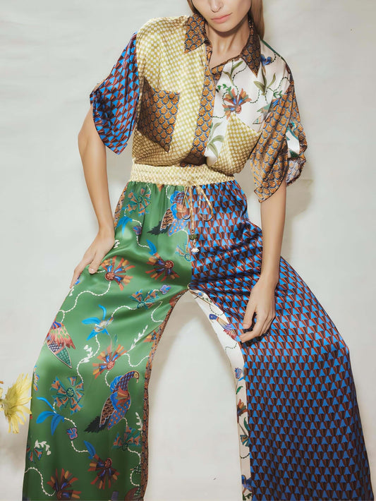 Conjunto de pantalones de pierna ancha sueltos con estampado folk especial