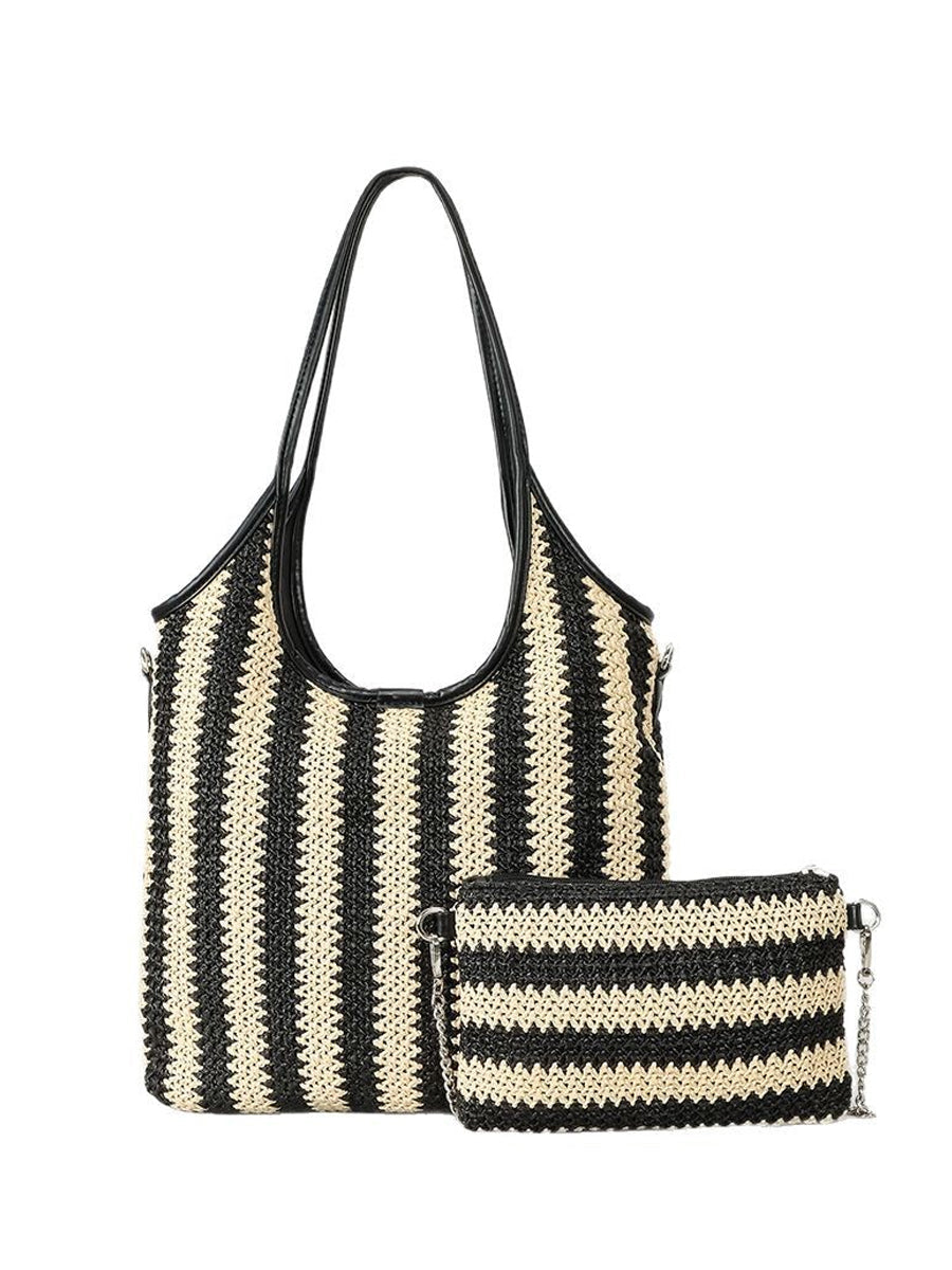 Bolso de hombro vintage de paja con rayas en contraste para mujer