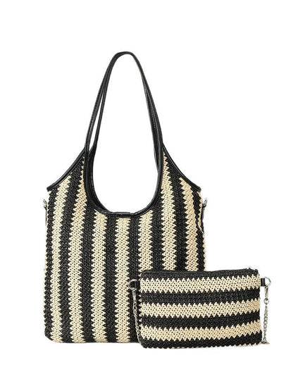 Bolso de hombro vintage de paja con rayas en contraste para mujer