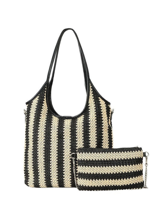 Bolso de hombro vintage de paja con rayas en contraste para mujer
