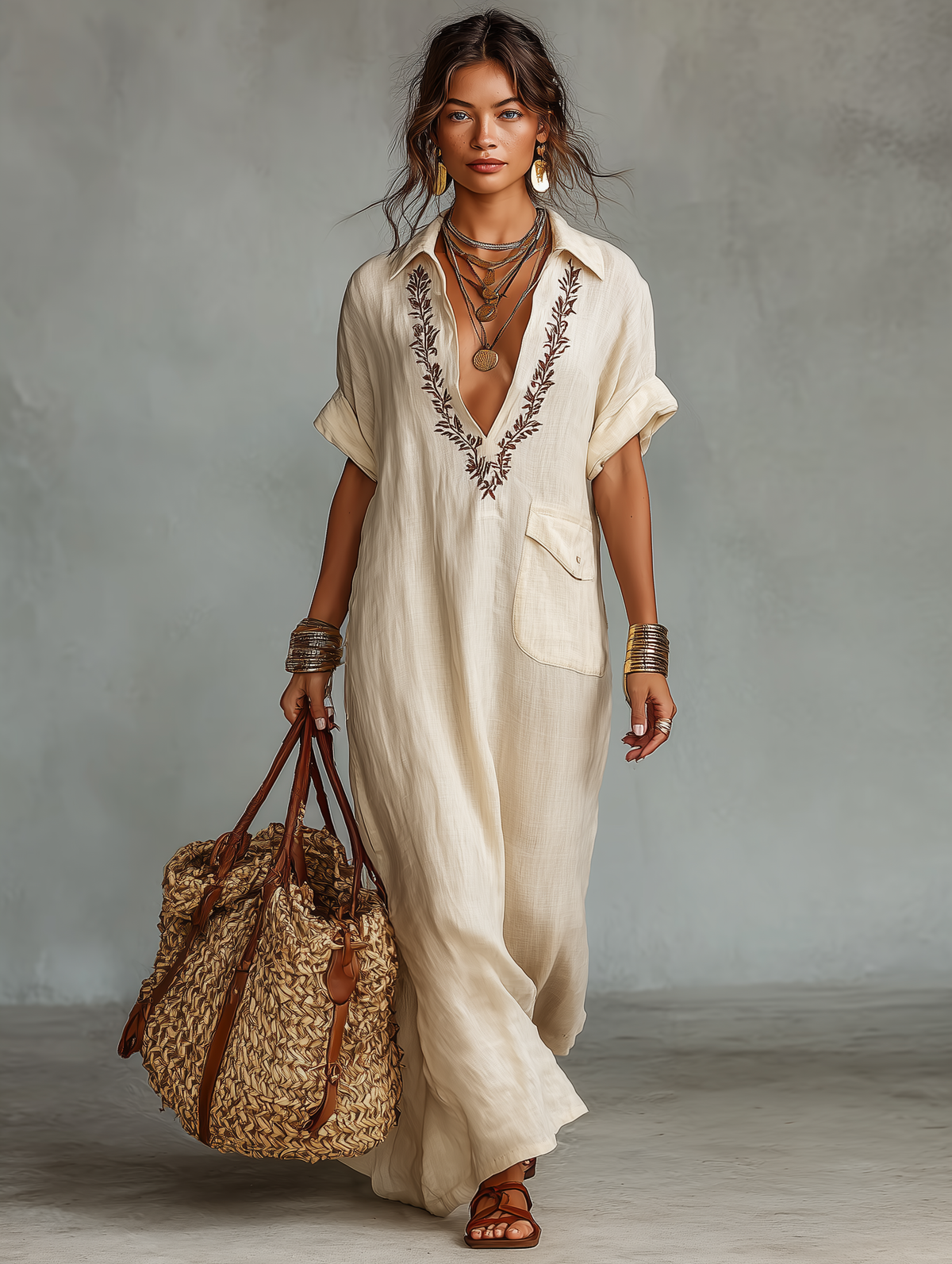 Vestido largo minimalista de lino mezclado con bordado y mangas cortas