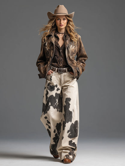 Pantalones con patrón de vaca de estilo occidental retro y a la moda