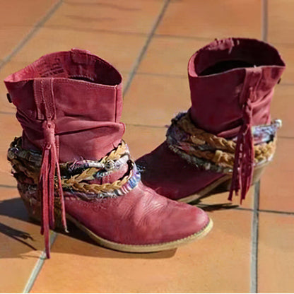 Botas vintage occidentales tribales con borlas y tobilleras