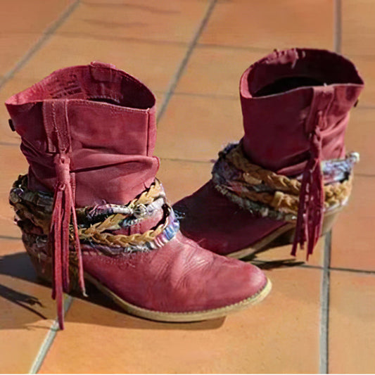 Botas vintage occidentales tribales con borlas y tobilleras