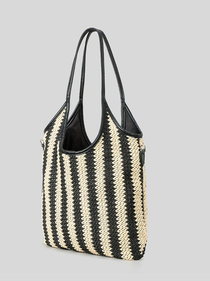 Bolso de hombro vintage de paja con rayas en contraste para mujer