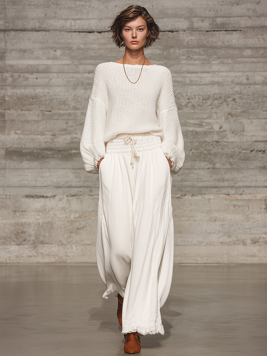 Pantalones anchos de cintura elástica blanca casual retro