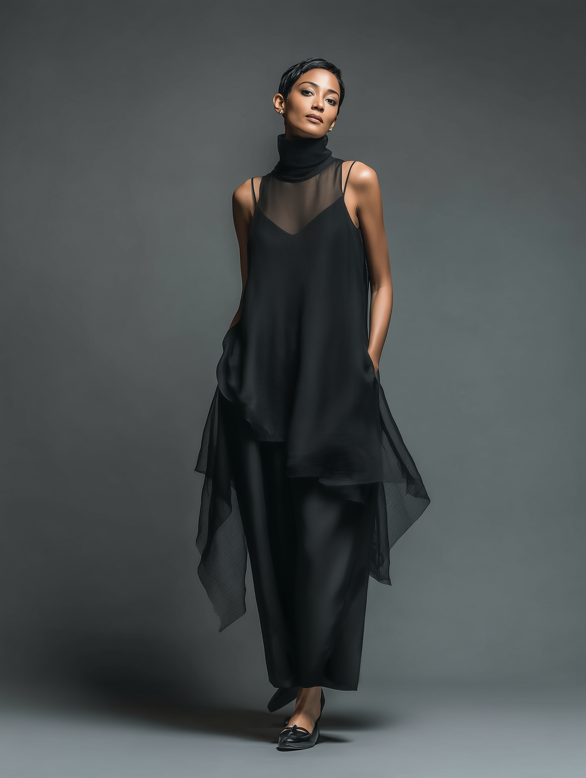 Vestido maxi etéreo de capas con tirantes