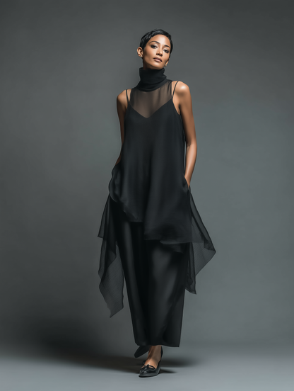 Vestido maxi etéreo de capas con tirantes