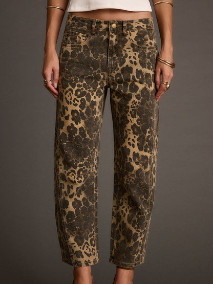 Vaqueros Retro de Barril con Estampado de Leopardo del Oeste