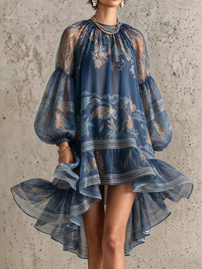 Vestido mini vintage estampado con bajo asimétrico