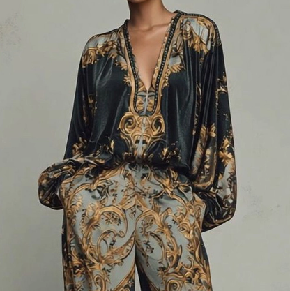 Conjunto holgado con escote en V profundo y estampado barroco retro