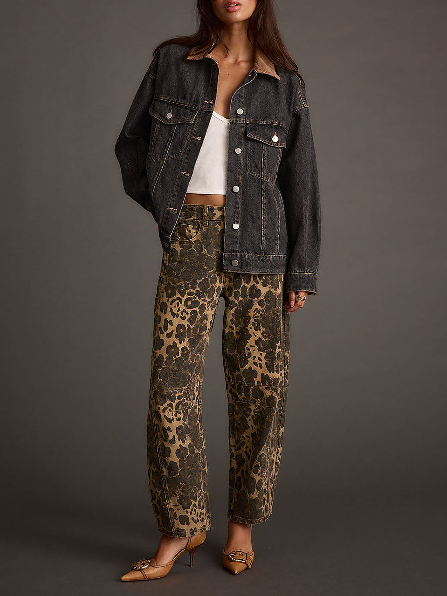 Vaqueros Retro de Barril con Estampado de Leopardo del Oeste