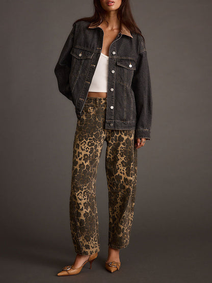 Vaqueros Retro de Barril con Estampado de Leopardo del Oeste
