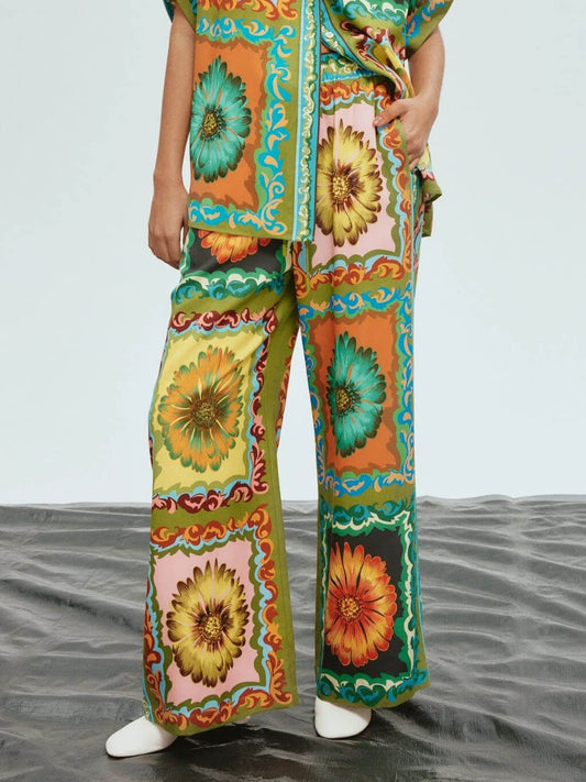 Conjunto de pantalones de pierna ancha con estampado de girasol único