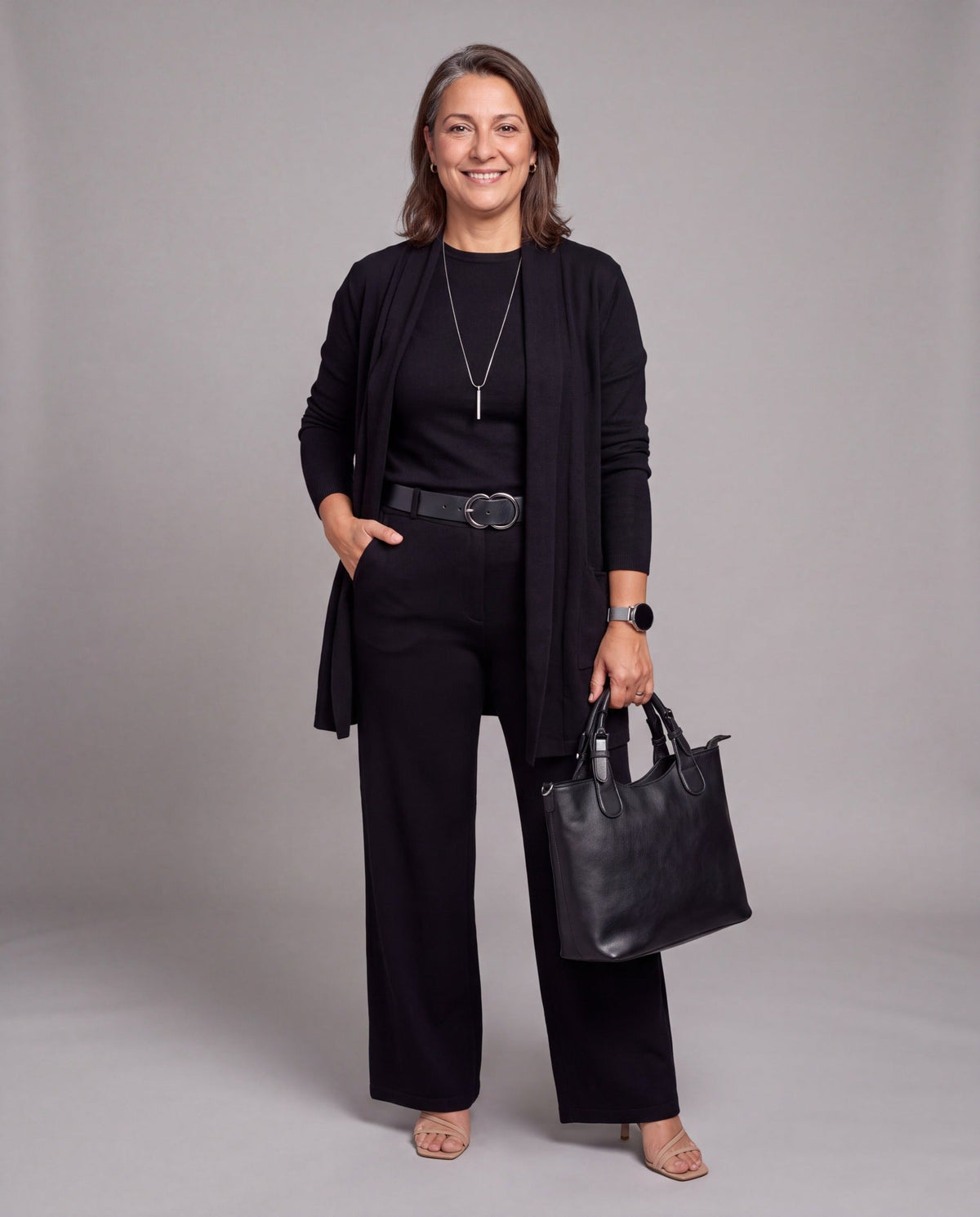 Conjunto Fiorenza — Tres Piezas de Punto: Cárdigan Largo, Top y Pantalón Palazzo