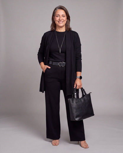 Conjunto Fiorenza — Tres Piezas de Punto: Cárdigan Largo, Top y Pantalón Palazzo