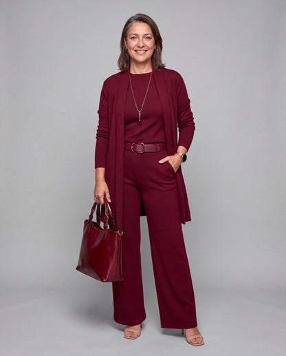 Conjunto Fiorenza — Tres Piezas de Punto: Cárdigan Largo, Top y Pantalón Palazzo