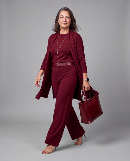 Conjunto Fiorenza — Tres Piezas de Punto: Cárdigan Largo, Top y Pantalón Palazzo