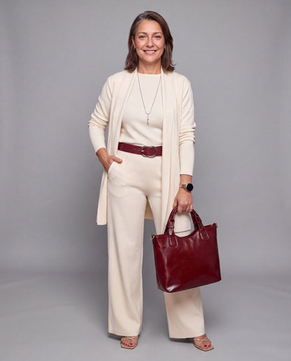 Conjunto Fiorenza — Tres Piezas de Punto: Cárdigan Largo, Top y Pantalón Palazzo