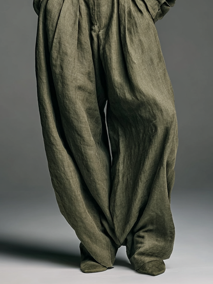 Conjunto de dos piezas para mujer: camisa de manga larga de mezcla de algodón y lino, pantalones de pierna ancha