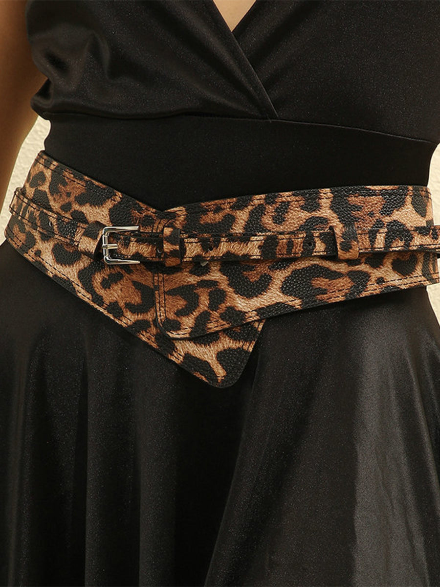 Cinturón de cintura asimétrico de cuero sintético de moda con estampado de leopardo para mujer