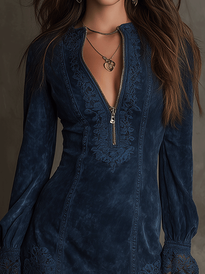 Vestido corto vintage azul con encaje de gamuza