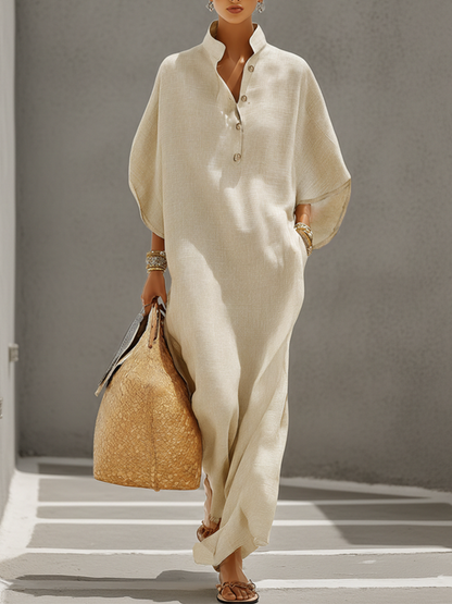 Vestido largo de lino con cuello mandarín