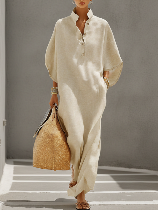 Vestido largo de lino con cuello mandarín