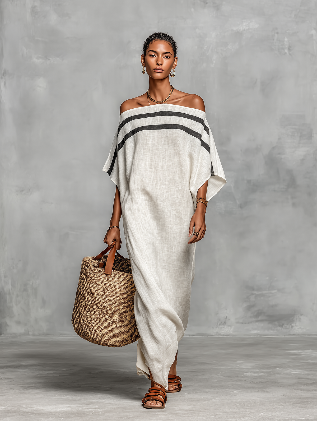 Vestido maxi minimalista de mezcla de lino con hombros descubiertos y mangas murciélago