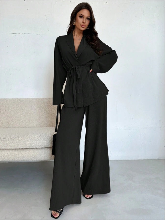 Conjunto de Dos Piezas: Chaqueta Cruzada con Cinturón y Pantalones de Pierna Ancha