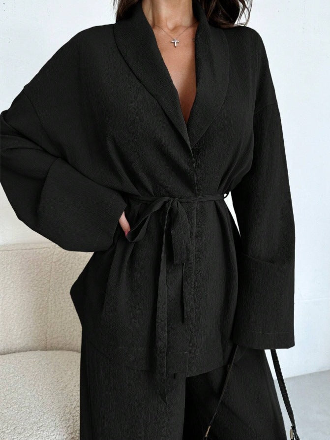 Conjunto de Dos Piezas: Chaqueta Cruzada con Cinturón y Pantalones de Pierna Ancha