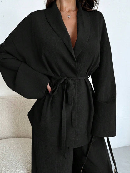 Conjunto de Dos Piezas: Chaqueta Cruzada con Cinturón y Pantalones de Pierna Ancha